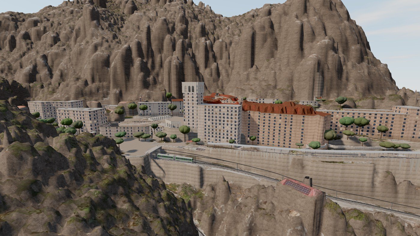 El monestir de Montserrat sota les agulles, amb el cremallera sortint del túnel de l'estació
