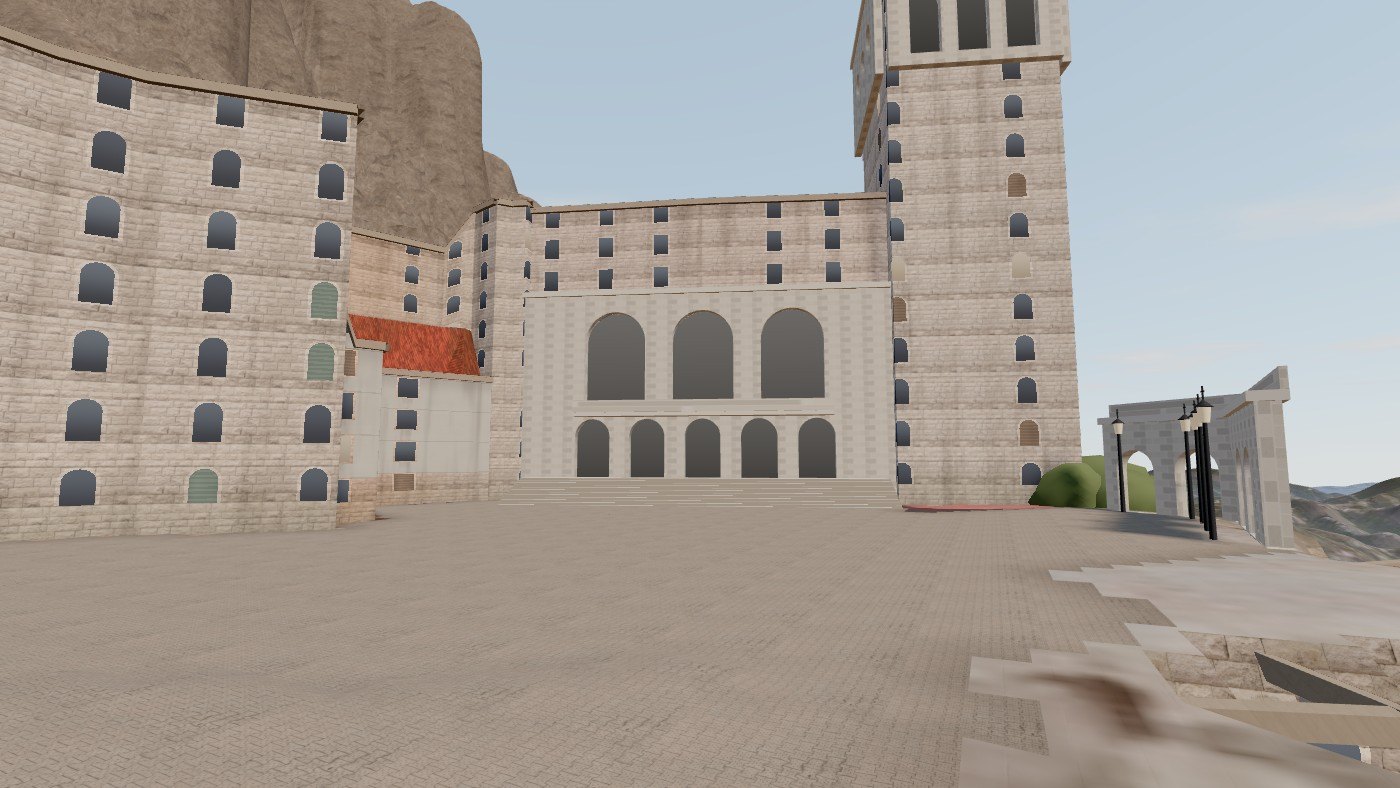 La plaça del monestir, amb la galeria de tres arcs i el campanar de la torre
