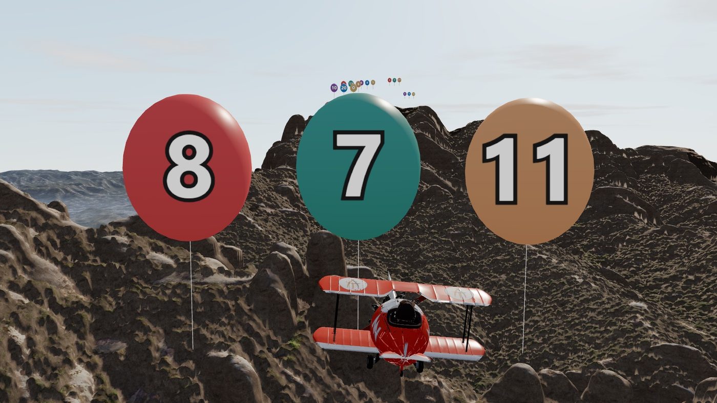 Tres globus amb els números 8, 7 i 11 i l'avioneta anant cap al 7